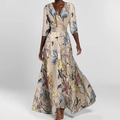 Elegant V-neck maxi dress with vintage floral print and waist belt for a graceful look - S / Champagne