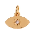 Golden eye pendant with starburst motif and zircon inlay on white background - Evil Eye