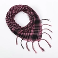 Close-up of pink and black checkered tactical scarf with detailed tassels and woven texture - Pink