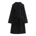 Flat lay of a black hooded wool coat with an adjustable waist belt and wrap design - S / Black