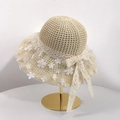 Beige straw sun hat with 3D floral pearls and a large white lace ribbon bow tie - Beige 3D Floral