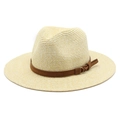 Classic beige woven straw Fedora sun hat with a brown velvet band and gold metal hardware - M (56-58cm) / Beige