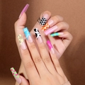 Long coffin press-on nails with mixed cow print, checkerboard, and sky patterns - Extra Long Coffin Mixed Color - Glue Style (SGCY-71)