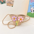 Beige woven straw crossbody bag for kids with purple and pink smile flower decor - Style 1 Khaki