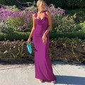 Detail of purple backless slim dress showing cowl neck design and fitted long silhouette - S / Violet
