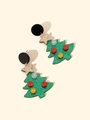 Detailed view of festive Christmas tree earrings with green glitter and gold stars - Green Glitter Christmas Tree (925 Sterling Silver Earring Post)