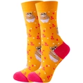 Cute yellow cotton socks with red accents featuring a cartoon bear and heart patterns - Coffee Bear