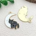 Cute Halloween black cat on white moon enamel charm with golden alloy back for DIY jewelry - Cat on Moon (21x30mm)