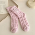 Pink coral fleece socks with white bow accents, thick warm winter sleeping socks - One Size / Purple