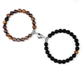 Couples beaded bracelets with brown tiger eye stone, matte black beads and magnetic heart - Matte Stone + Tiger Eye Stone