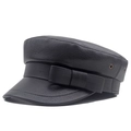 Chic black leather flat top beret with decorative bow and metal grommets side detail - 58cm / Black Bow
