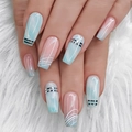 Pink and blue gradient square press-on nails with silver lines on plush background - Bz1408 - Subtle And Elegant / Jelly Glue + Nail File