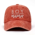 Close-up of BOY mama white embroidery on distressed washed cotton baseball cap - Adjustable / Washed Orange