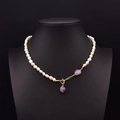 Double-layered gold necklace with natural baroque pearls and purple raw stone pendants - Amethyst Pendant Necklace