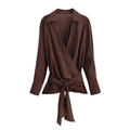 Fashionable dark brown long sleeve striped wrap shirt with waist tie in silky fabric - XS / Dark Brown