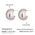 Macro detail of waterproof silver stainless steel C-shape earrings with size and weight specs - Silver