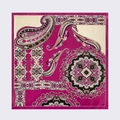 Detailed flat lay of large square silk scarf with paisley and mandala patterns - Rose Red