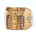 Anello punk in acciaio inossidabile dorato con rilievo di Gesù e diamanti finti - US 5 / Oro (22205)