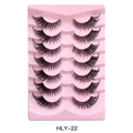 Black fox-eye false eyelashes set with 7 pairs and clear band on pink tray, model HLY-22 - Layered Stacked Style (HLY-22)