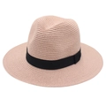 Detailed view of the woven texture and black ribbon on the pink Panama fedora hat - One Size / Flesh Pink