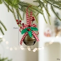 Christmas bronze bell ornament with red houndstooth bow and berries on pine branch - Round with Bells / Bronze