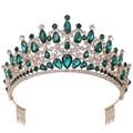 Golden Baroque bridal crown with emerald crystals and rhinestones on white background - KC Gold With Green Rhinestone