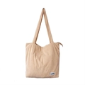 Beige corduroy shoulder tote bag with LIUYA logo tag and long straps on white background - Milk Coffee