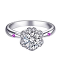 Silver flower ring with central clear stone and pink side accent stones on a white background - 1 Carat (6.5mm) Ljz-97 / Adjustable Open