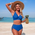Navy blue two-piece bikini with twist-front top and high-waisted lace-up bottoms - Blue
