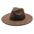 Dettaglio del cappello fedora marrone scuro con trama in feltro di lana e nastro - M (56-59cm) / Marrone Finta Pelle Scamosciata