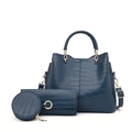 Three-piece dark blue crocodile embossed handbag set with tote, wallet and coin purse - Blue