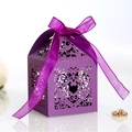 Laser-cut purple wedding favor box with hollow heart patterns and silk ribbon - Dark Purple