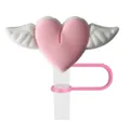 Pink heart-shaped silicone straw cover with white wing relief design for Stanley tumblers - Single Straw Cap-Pink