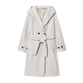 Minimalist light grey long hooded coat with black buttons and matching waist belt - XS / Milky White