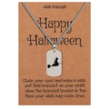 Detail of silver witch silhouette pendant on card with Happy Halloween greeting - Witch Riding Broom (D0935-1)