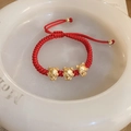 Red braided rope bracelet with three gold-plated cartoon dragon charms for New Year - Three Dragons Playing with Bead Woven Style (1# Bracelet-Red)