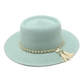 Chapeau de paille vert menthe à sommet plat avec chaîne dorée et perles pour plage et soleil - M (56-58cm) / Vert menthe