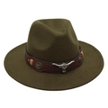 Detail of western fedora hat featuring brown leather band and silver bull skull ornament - One Size(Adjustable) / Army Green