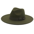 Close-up of olive green wool fedora hat featuring a brown grosgrain ribbon with bow - Adult (57-60cm) / 9.5cm Wide Brim / Army Green