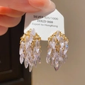 Silber 925 Blumen-Ähren-Ohrringe mit Kristall-Quasten in Gold-Ausführung - Zirkonia Geometrische Raute Quaste