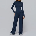 Slim-fit navy blue yoga set featuring zipper jacket and high-waist wide-leg pants - Badge Blue (Jacket+Wide Leg Pants)
