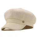 Detail of cream white baker boy hat featuring knitted fabric and leather visor texture - M (56-58cm) / Off White