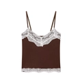 Brown knit camisole top for women with white lace trim and elegant V-neckline - S / Coffee
