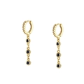 Close-up of gold chain earrings with micro-set zircons and three black gemstones - Black Gold