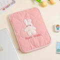 Detail of pink quilted tablet sleeve featuring 3D plush rabbit and pink embroidery - 11" / Pink Rabbit