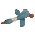 Detailed texture of blue plush goose dog toy with orange beak and burlap style fabric - Blue Goose