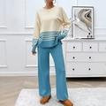 Women's casual beige and blue striped knit two-piece set with wide-leg pants - S / Grey Blue