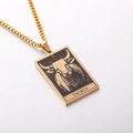 Golden stainless steel Taurus zodiac square tarot card pendant on Cuban chain link necklace - Taurus / Gold