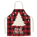 Detail of red and black buffalo plaid linen apron with white Christmas tree print - Style 20/Red Black Plaid Cedar