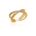 Adjustable golden crossover open ring featuring sparkling pavé zircon stones - Adjustable Open / Gold X-Shape Cross Style (G3014378)